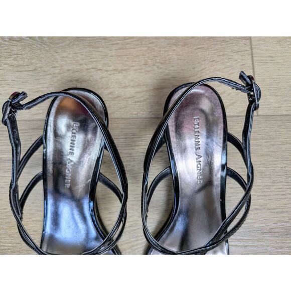 Etienne Aigner Sandals 8W Black Patent Leather Slingback T-Strap Wedge Heel - Picture 3 of 12